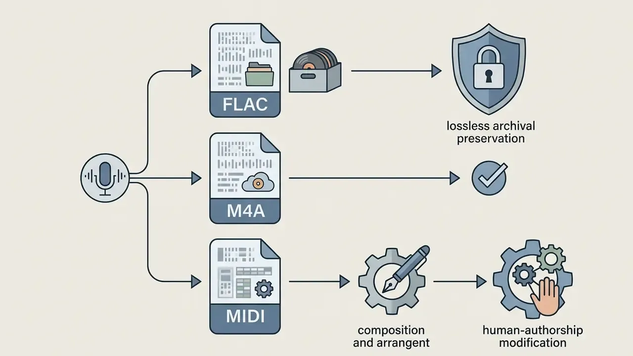Audio file formats branching from a microphone icon into FLAC, M4A, and MIDI processing paths
