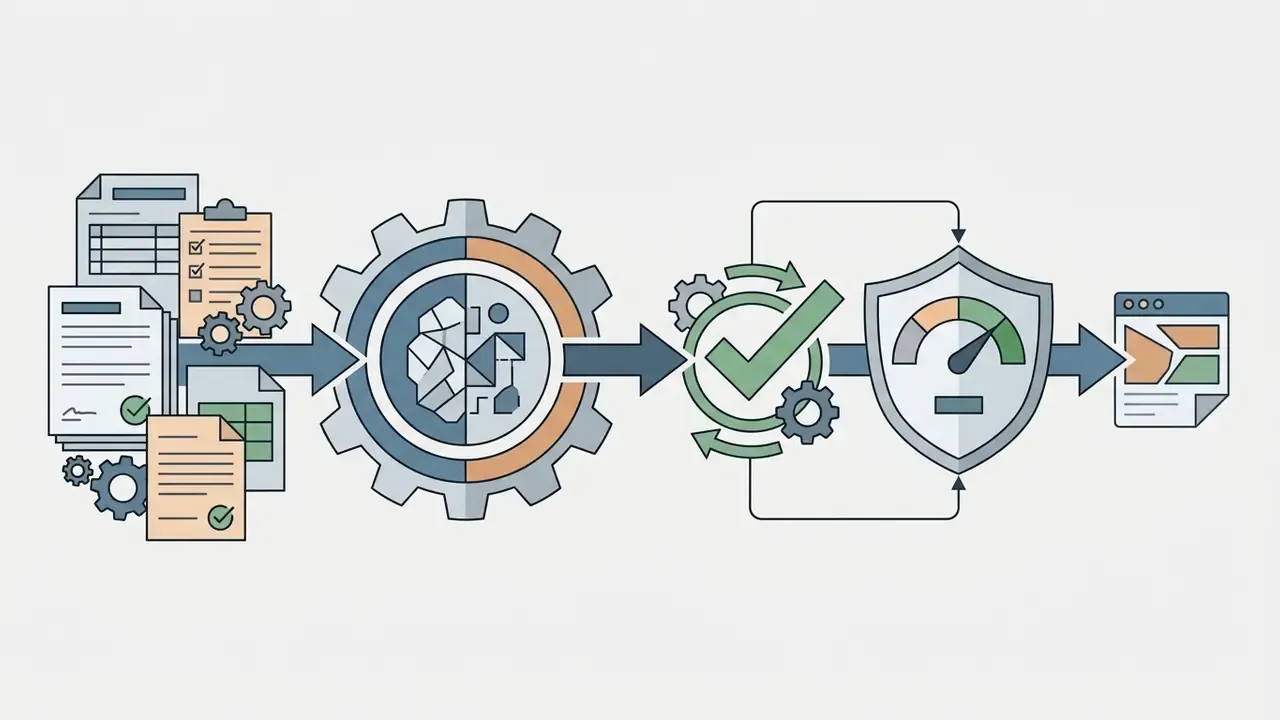 Documents feeding into a gear system that processes data through a checkmark and gauge to a final report