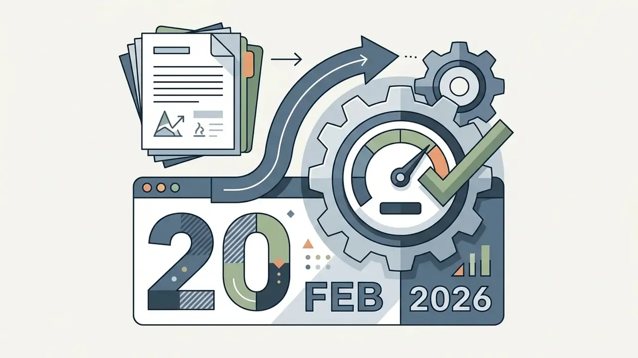 Stack of documents moving toward a gear mechanism with a speedometer gauge and a checkmark for February 2026