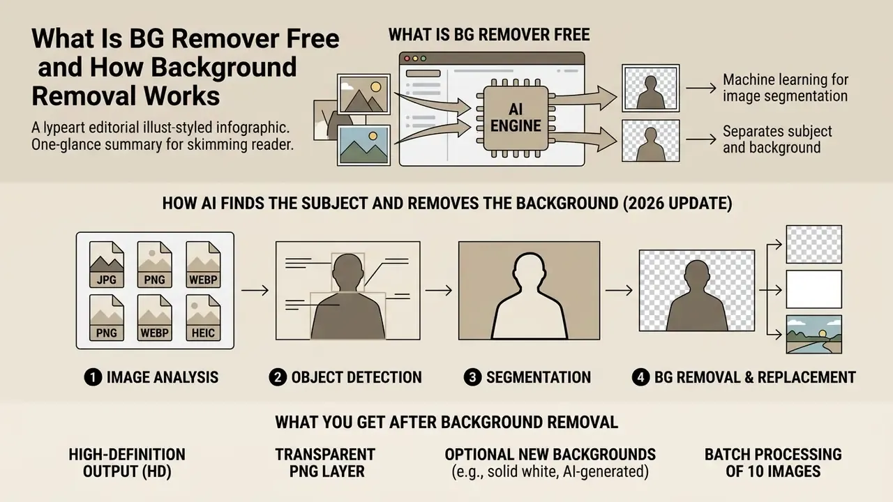 Infographic showing how an AI engine processes images to detect subjects and remove backgrounds