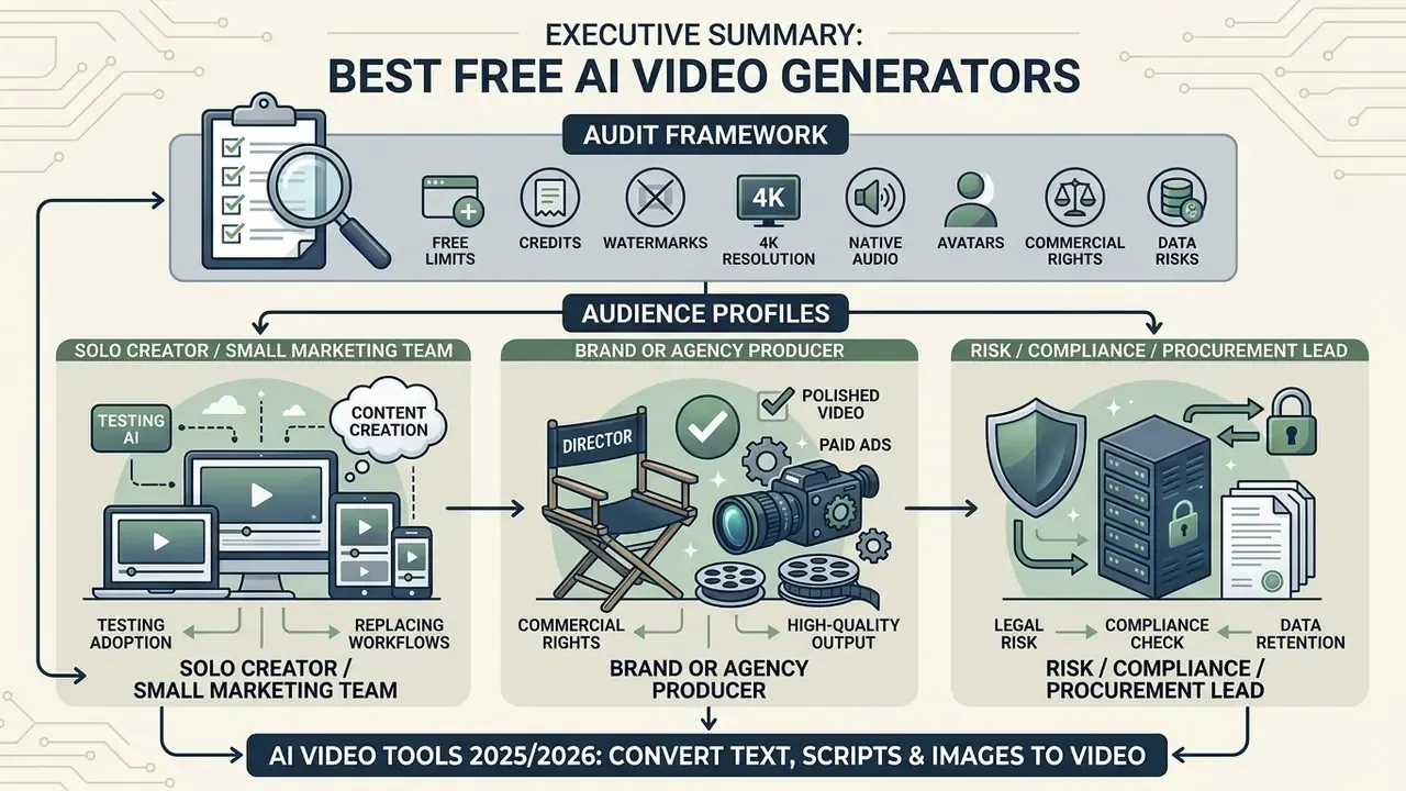 Infographic showing audit criteria and three distinct user profiles for evaluating AI video generators