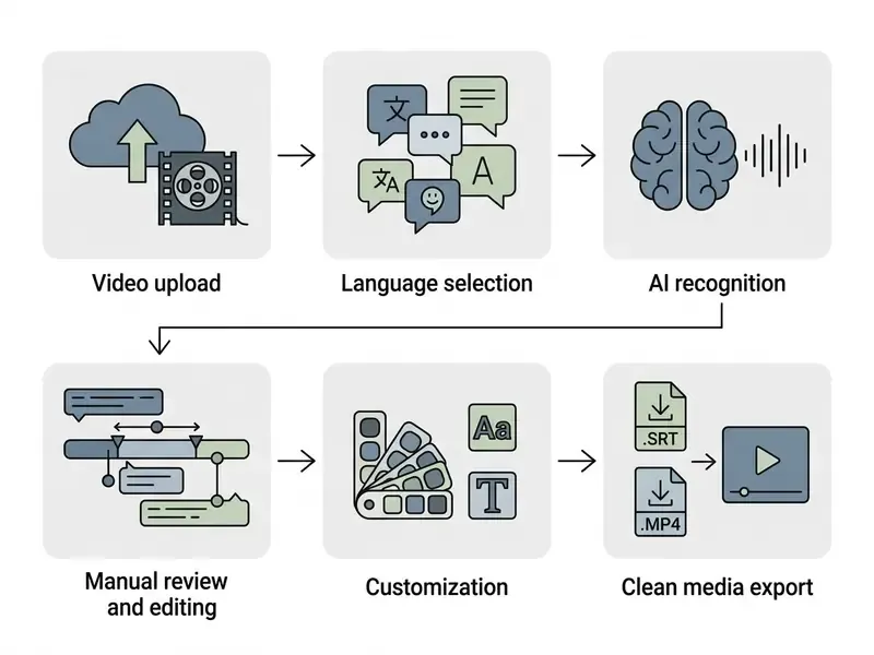 Six sequential steps for automated subtitle creation from video upload to final media export