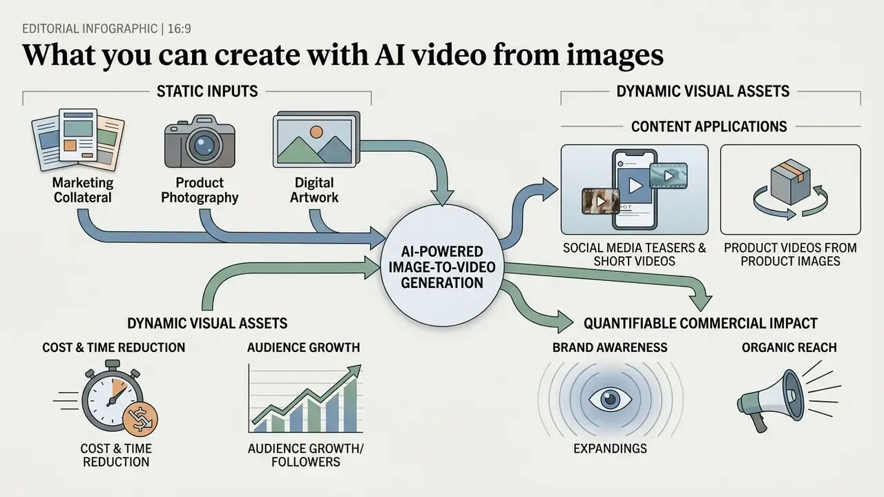 Flowchart showing how static images are transformed into dynamic video content and commercial outcomes