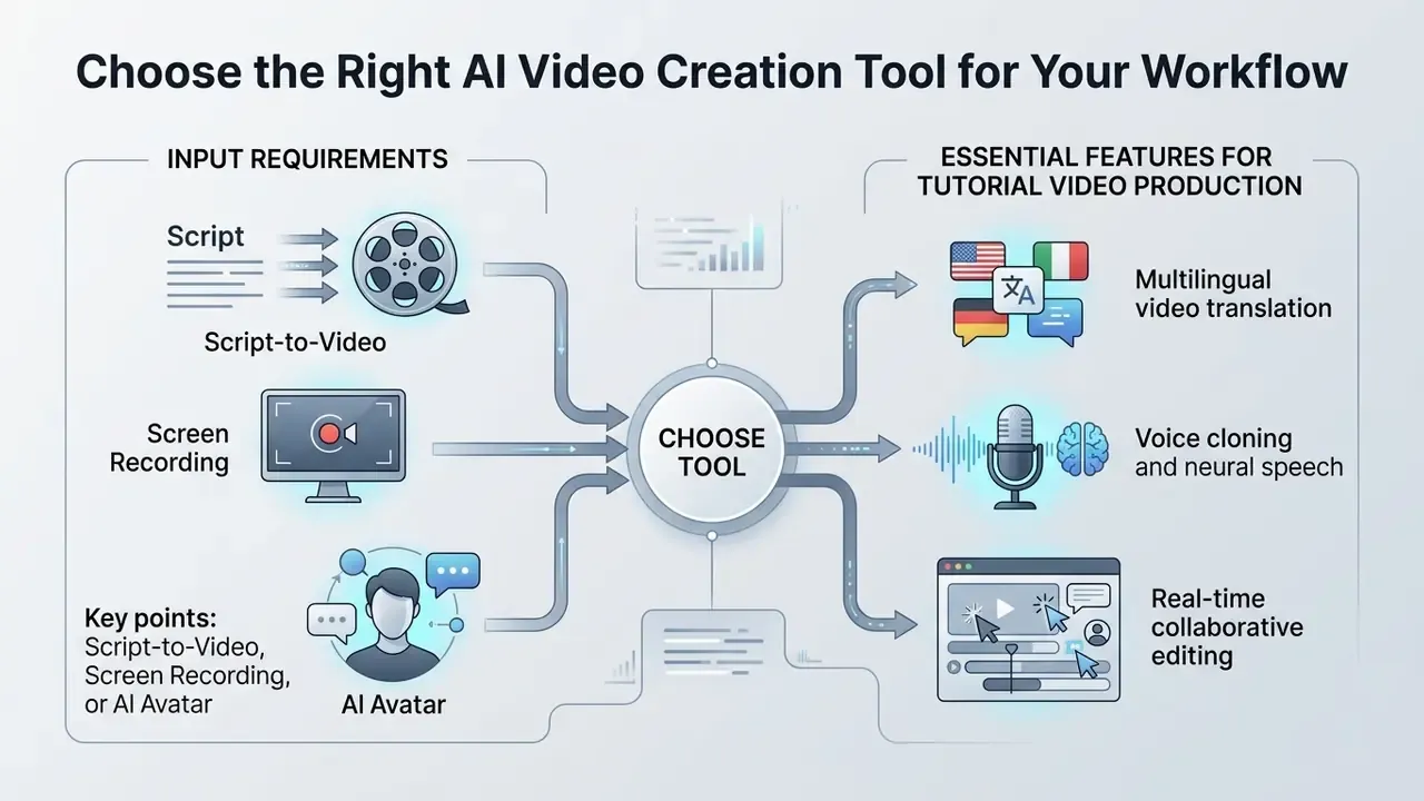 Diagram comparing input requirements and essential features for an AI video creation tool
