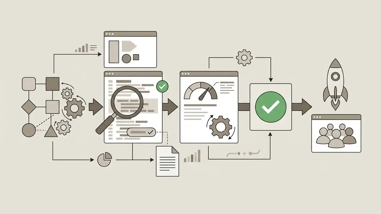 Code analysis with a magnifying glass leading to performance testing and a final launch to users