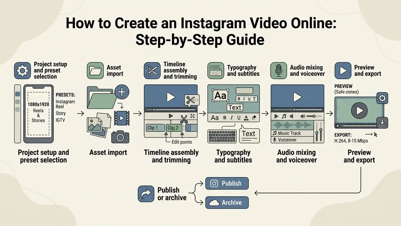 Linear workflow infographic detailing the stages of producing social media content from setup to export