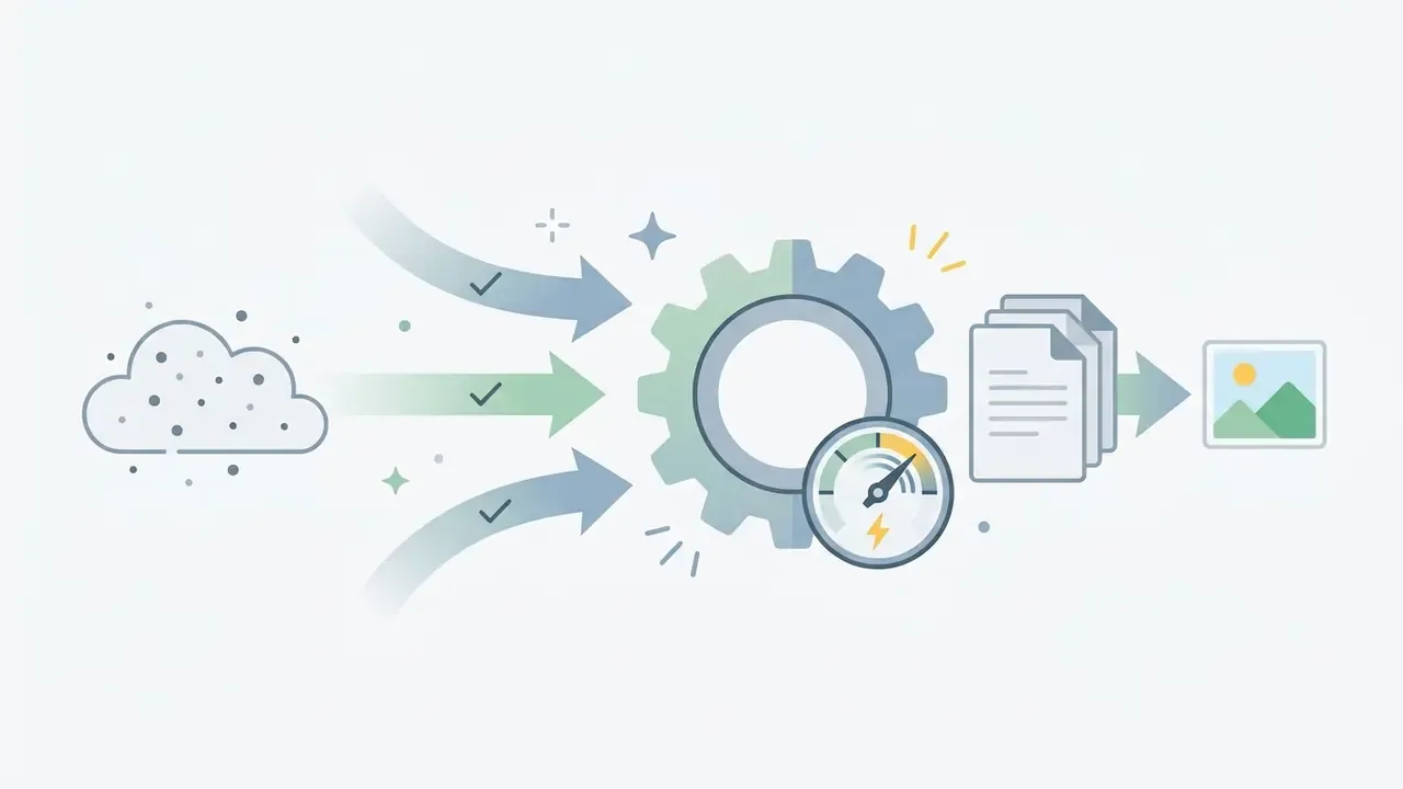 Arrows feeding noisy cloud data into a gear mechanism and speed gauge to produce a final image
