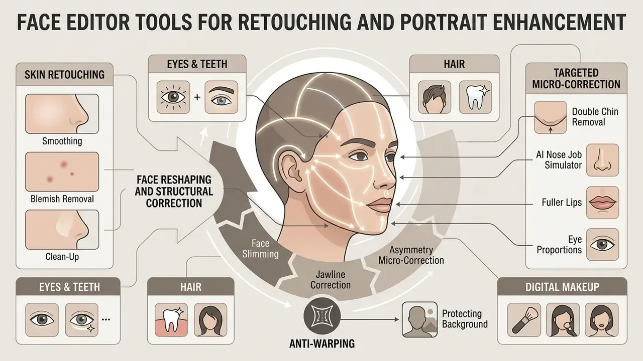 Diagram showing face photo editor modules for skin retouching, structural reshaping, and micro-corrections