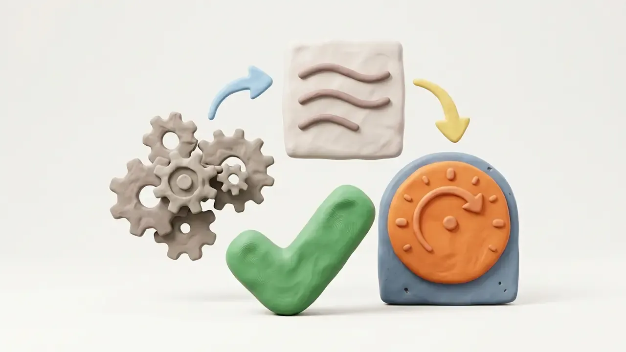Claymation gears, a document icon, a green checkmark, and a circular gauge on a plain background