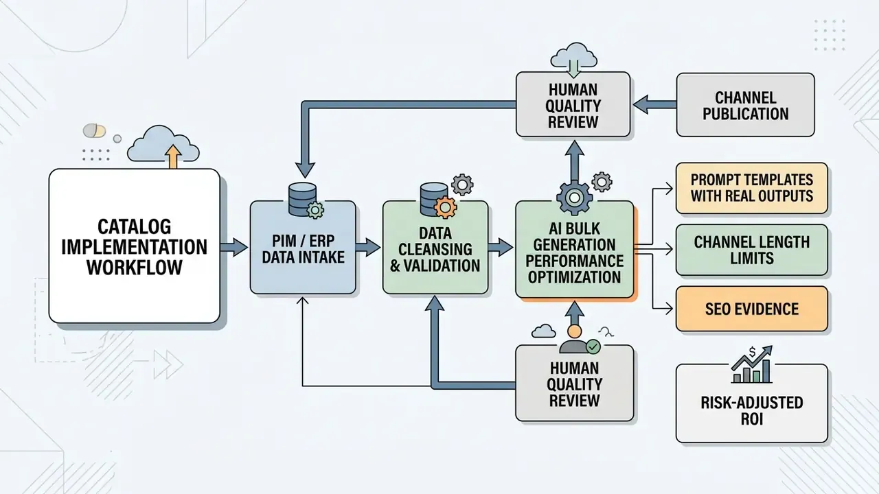 Process map showing data intake, cleansing, AI generation, and human review stages for catalog management