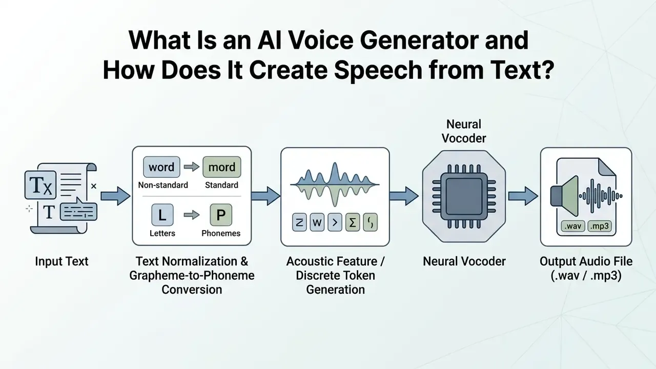 Flowchart showing the technical process of an AI voice generator from input text to output audio file
