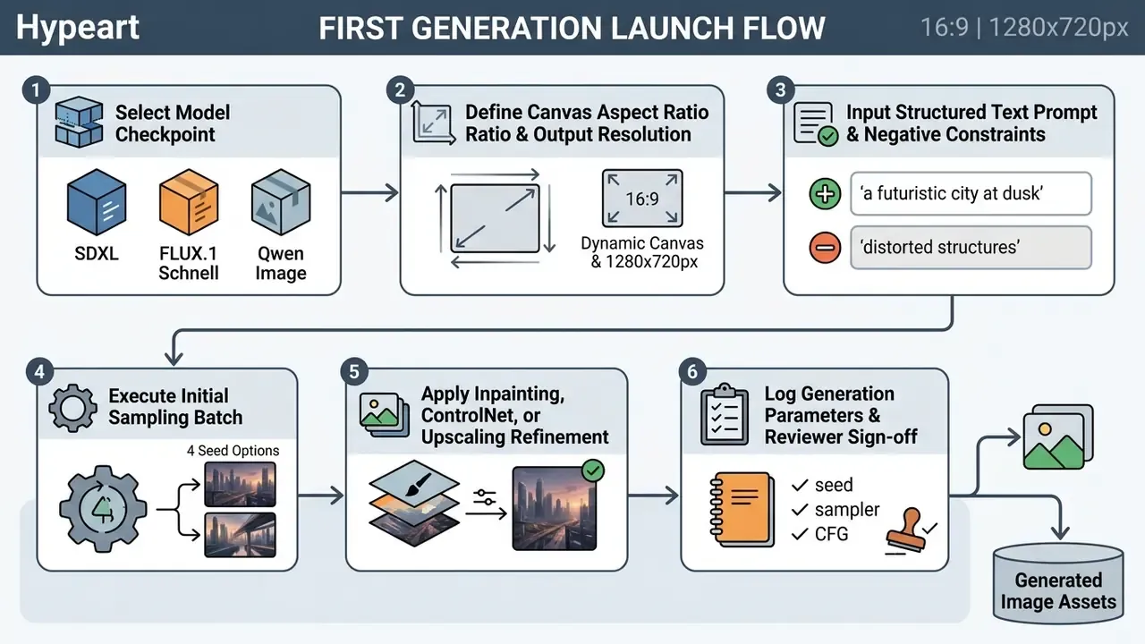 Six-step sequential flowchart showing the workflow from model selection to final asset logging
