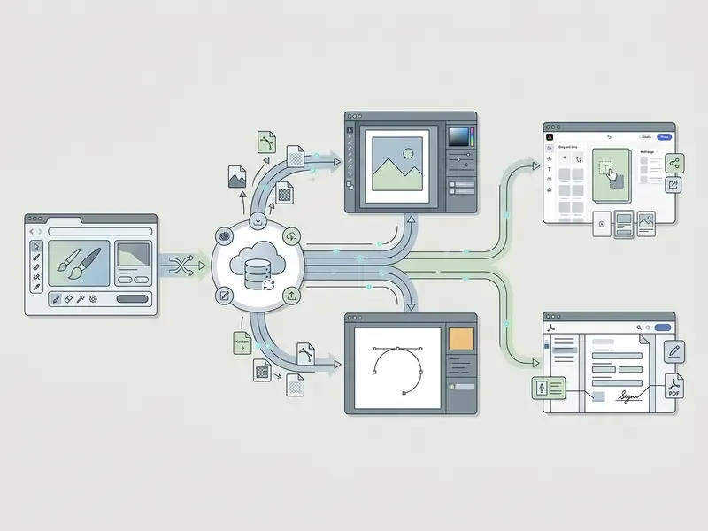 Diagram showing assets flowing from a web interface through cloud storage into desktop and mobile apps