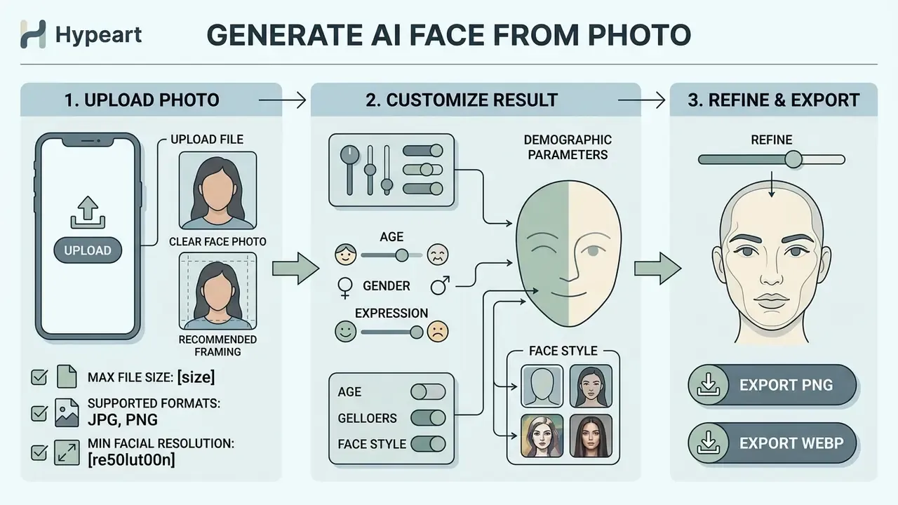 Infographic outlining the three steps to upload, customize, and export an AI face from a photo