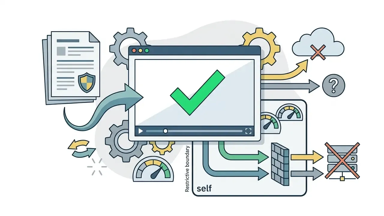 Browser window with a green checkmark surrounded by gears and arrows pointing toward a restrictive boundary