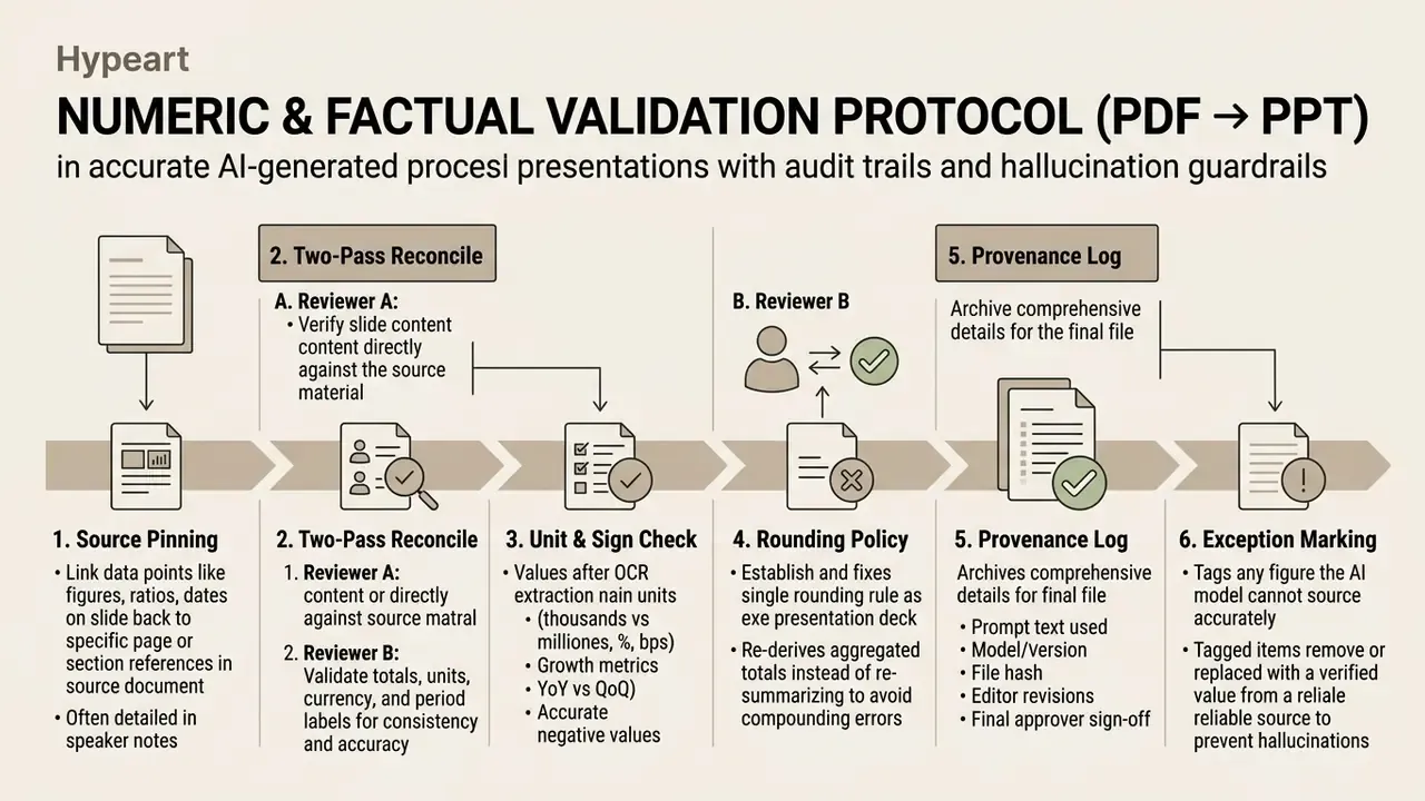 Six-step workflow diagram detailing a numeric and factual validation protocol for PDF to PPT conversion