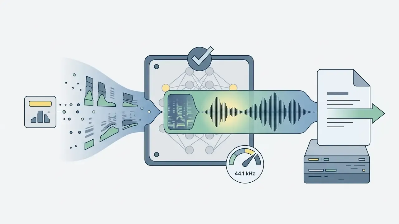 Acoustic data points flowing into a neural network hub to generate a high frequency audio waveform