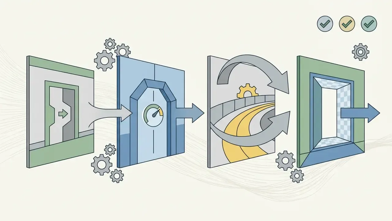 Four sequential panels showing a doorway, a gauge, a curved path with arrows, and a final exit frame