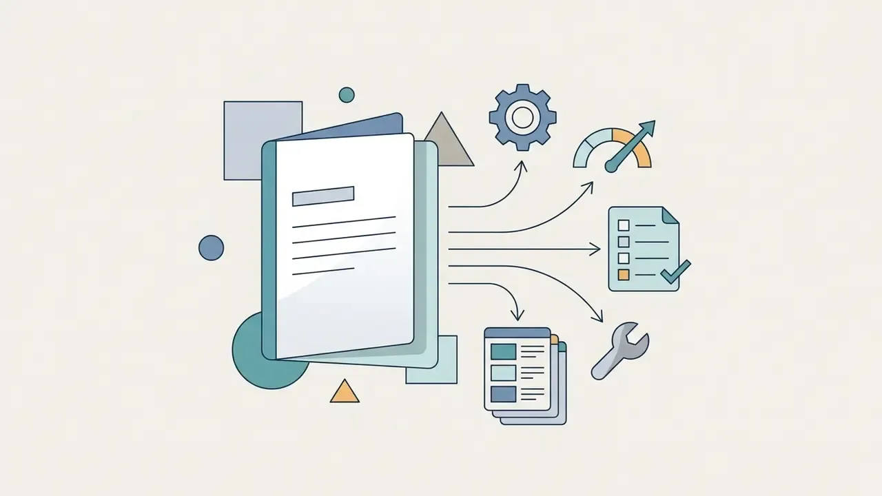 Open folder icon with arrows pointing to a gear, speed gauge, checklist, wrench, and data panels