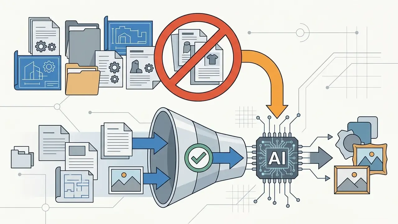 Documents and blueprints flowing into an AI processor while sensitive files are blocked by a red symbol