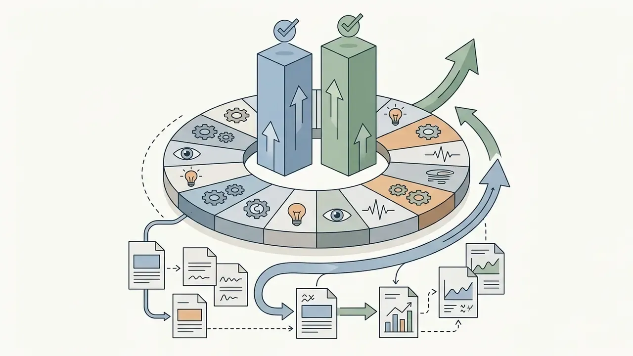 Circular model with icons feeding into two central pillars that rise toward upward trending arrows
