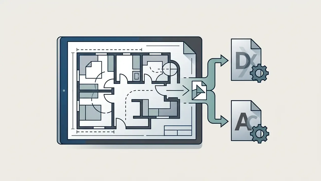 Tablet displaying a floor plan being converted into DXF and DWG technical file formats