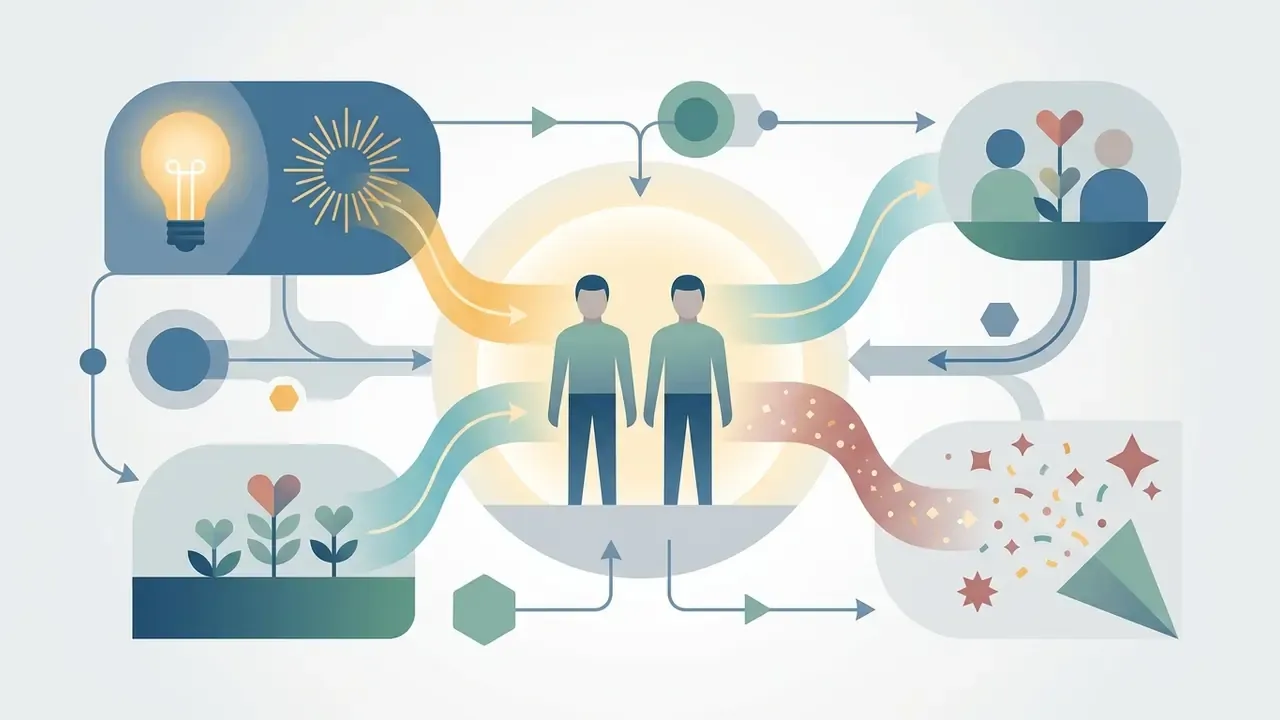 Central figures connected by flowing lines to icons of a lightbulb, hearts, and celebratory confetti