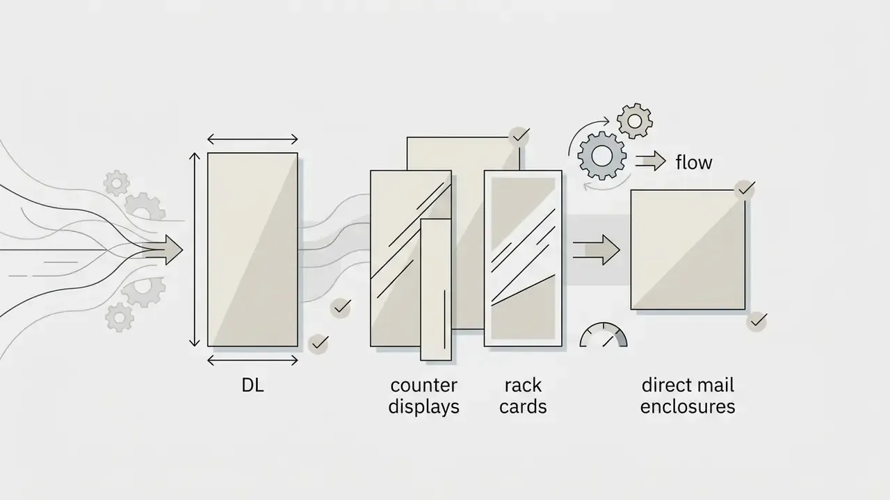 DL paper icon with gears and arrows representing layout settings for counter displays and rack cards