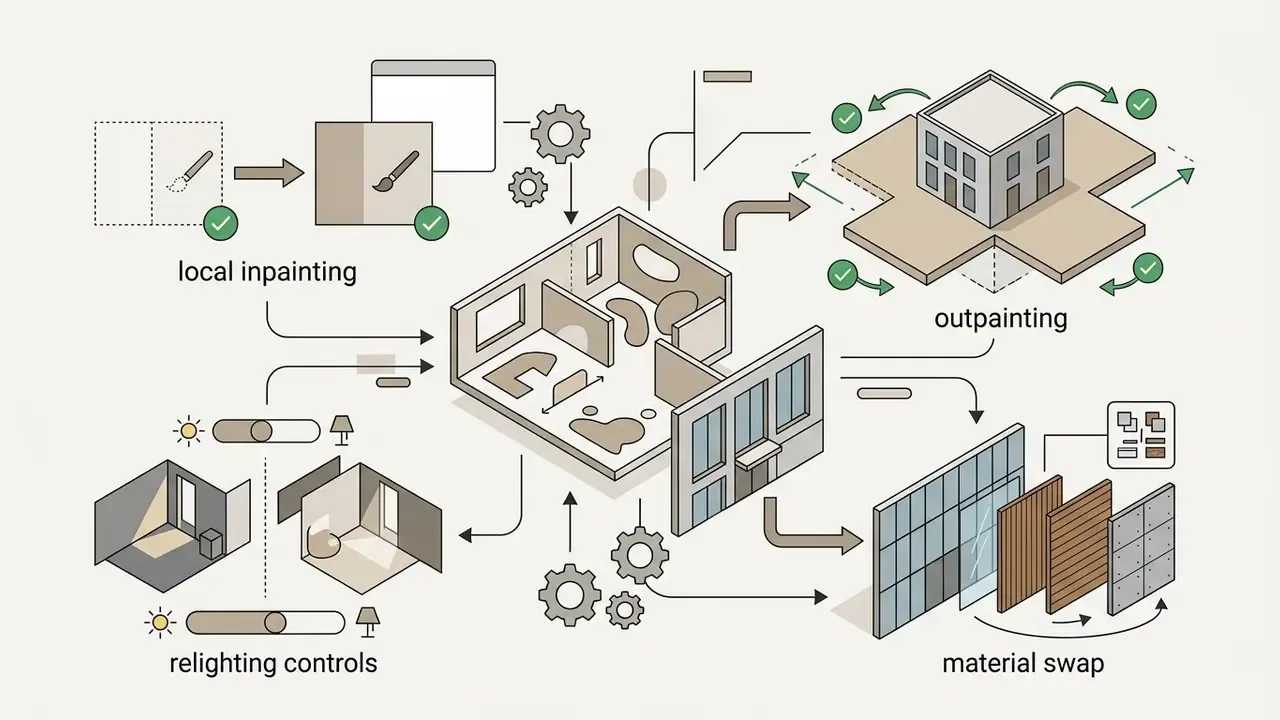 Visual breakdown of architectural editing tools including inpainting, outpainting, relighting, and material swap