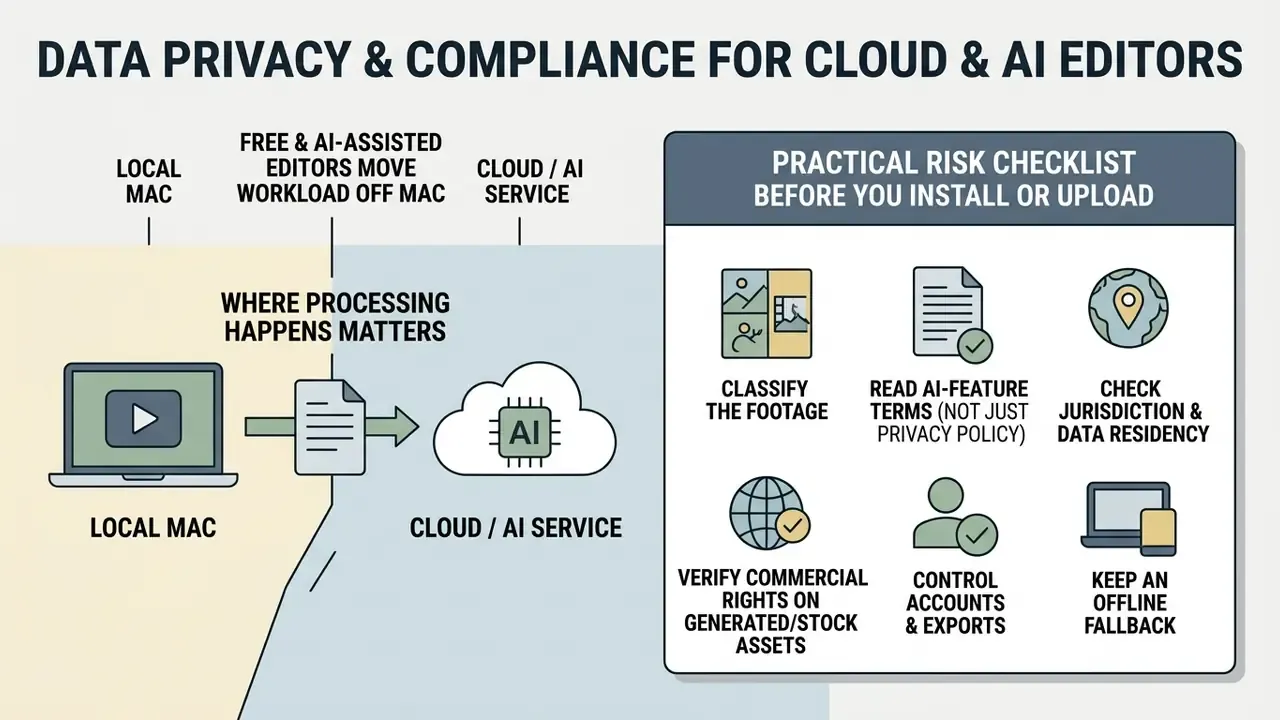 Infographic showing how cloud and AI services process data alongside a six-step risk assessment checklist
