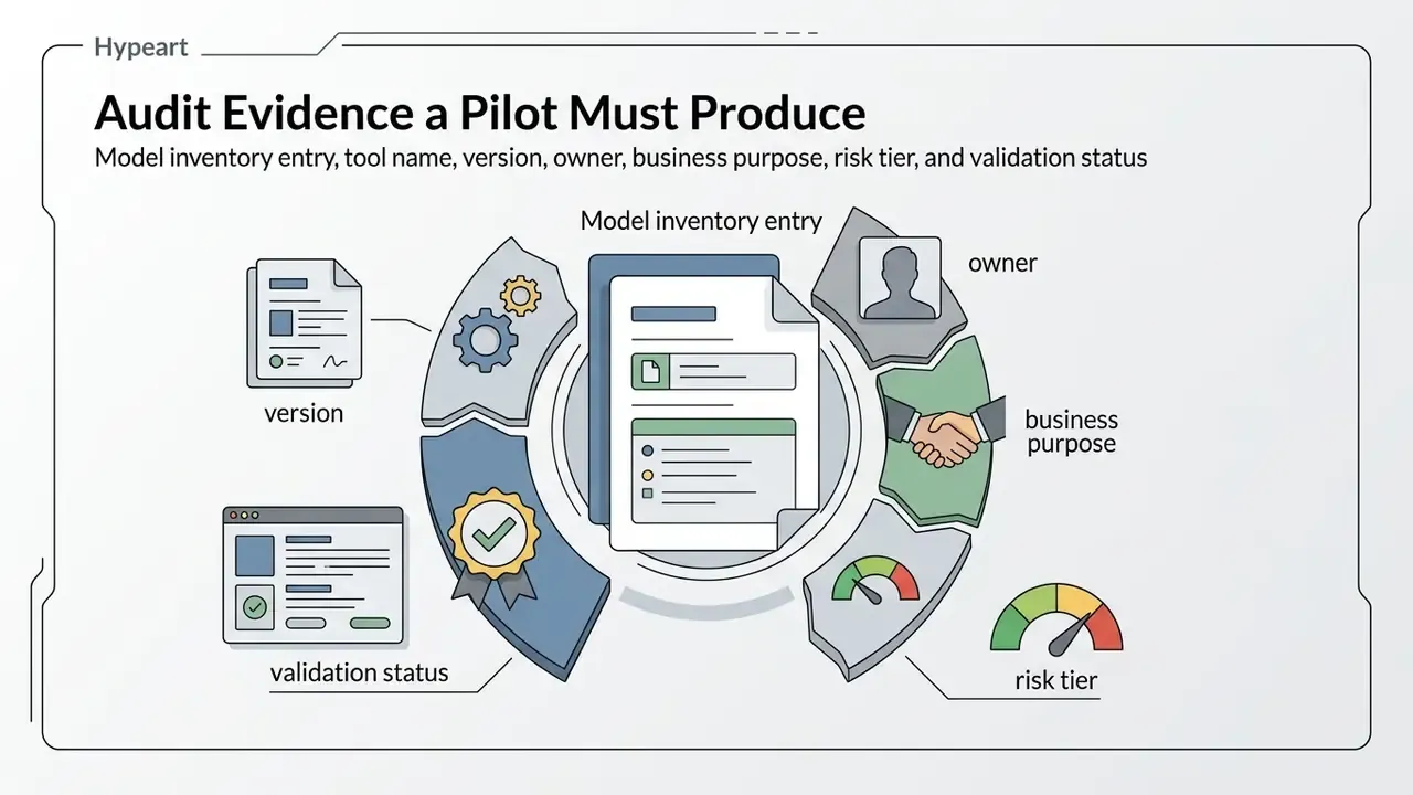 Circular diagram showing model inventory components like owner, purpose, risk tier, and validation status