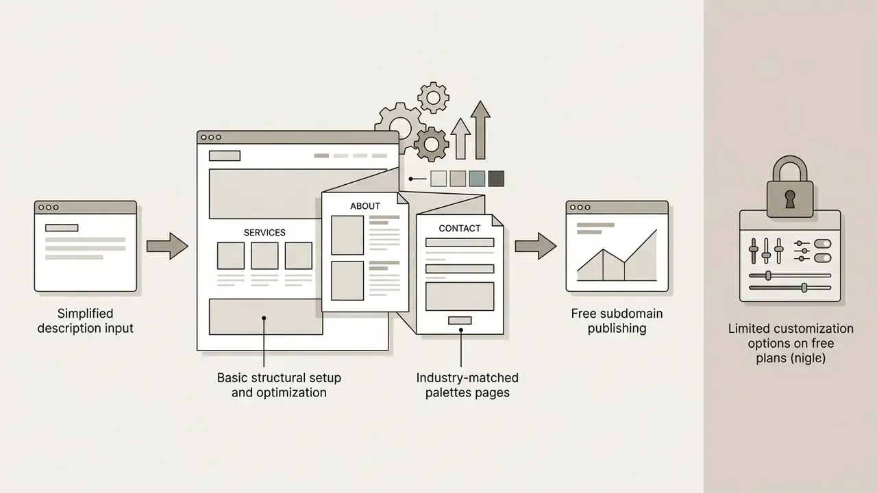 Process flow showing business description input generating website pages with limited customization options