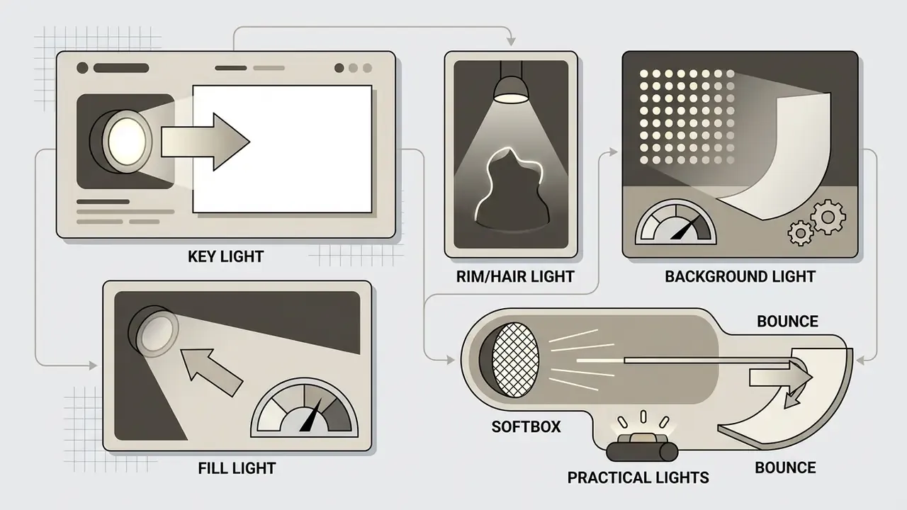 Icons representing lighting setups like key, fill, rim, background, softbox, bounce, and practical lights