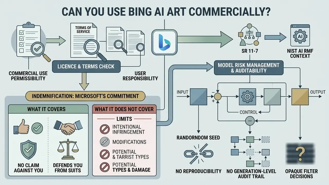 Flowchart outlining legal indemnification, model risk management, and technical limitations for commercial use