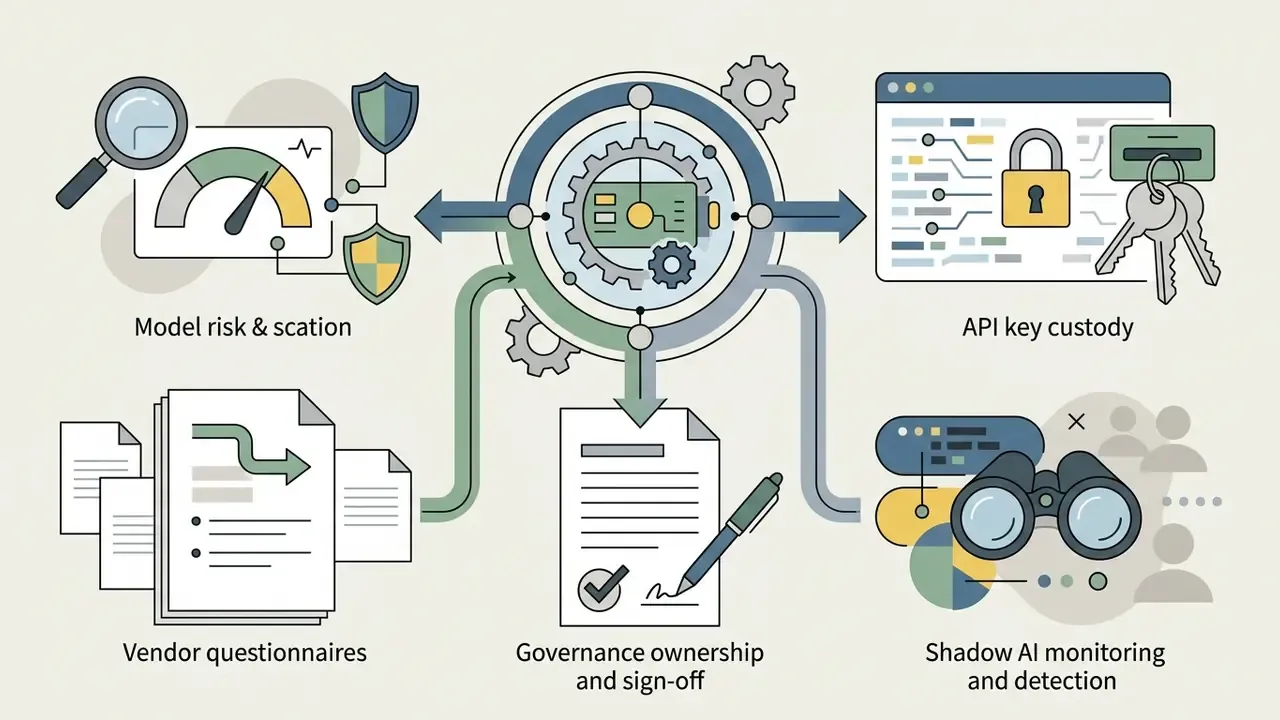Central gear mechanism connecting vendor questionnaires, API key custody, and shadow AI monitoring tasks