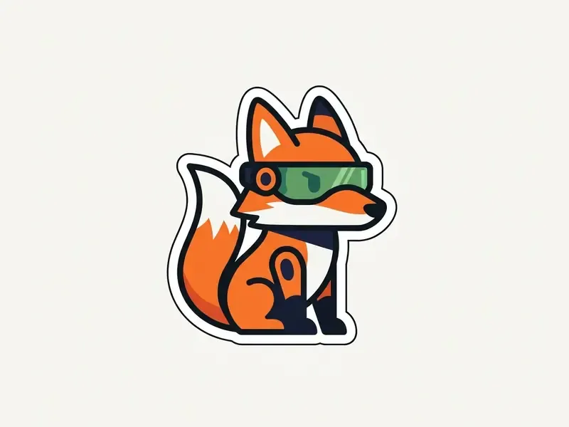Flat vector sticker of a cybernetic orange fox wearing green visor glasses against a white background