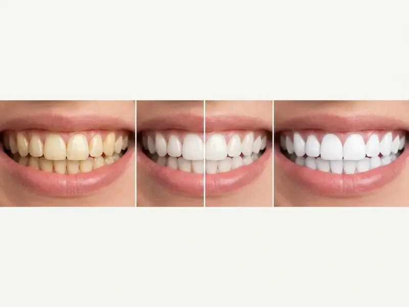 Comparison of teeth showing yellow tones, natural whitening, and over-brightened results