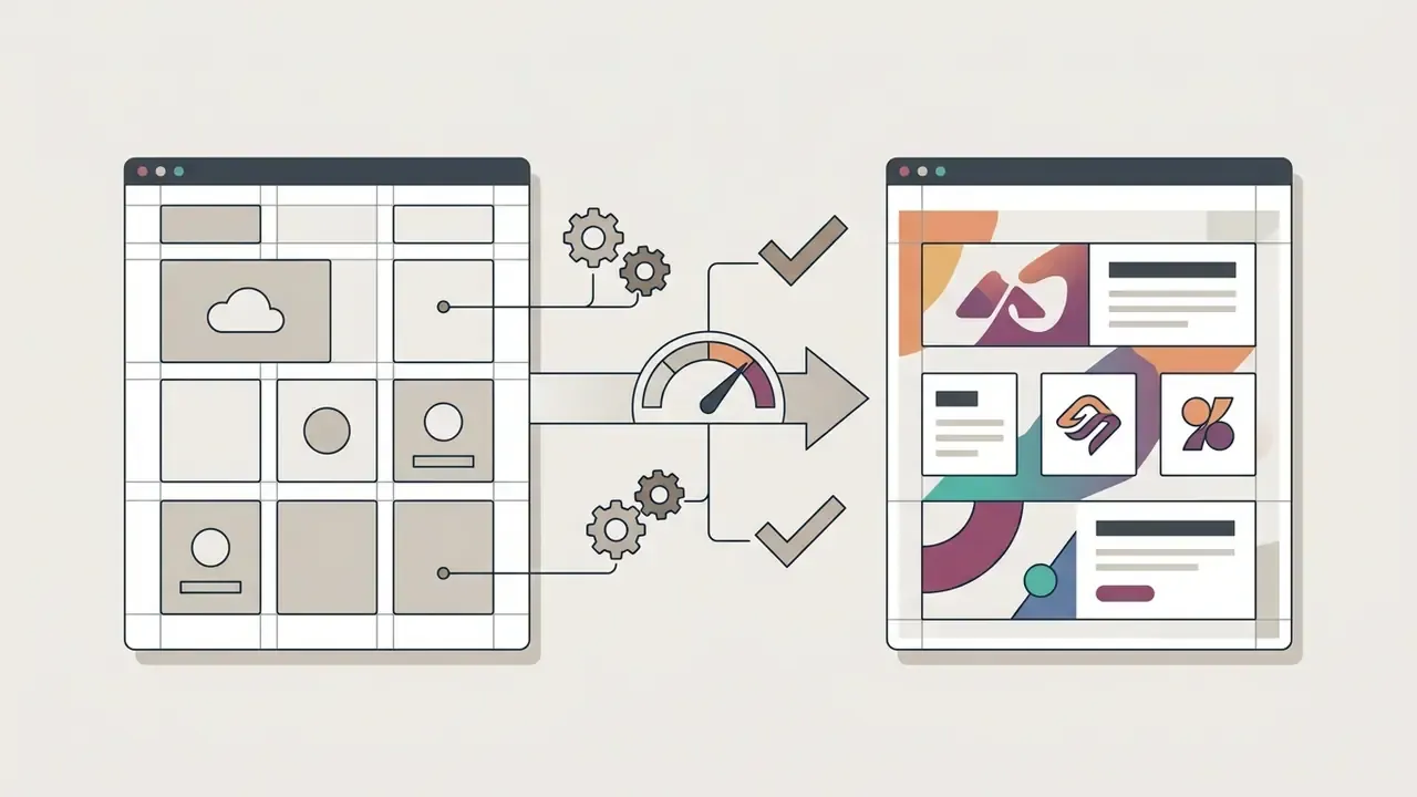 Wireframe layout passing through a gear mechanism and speed gauge to become a styled website design