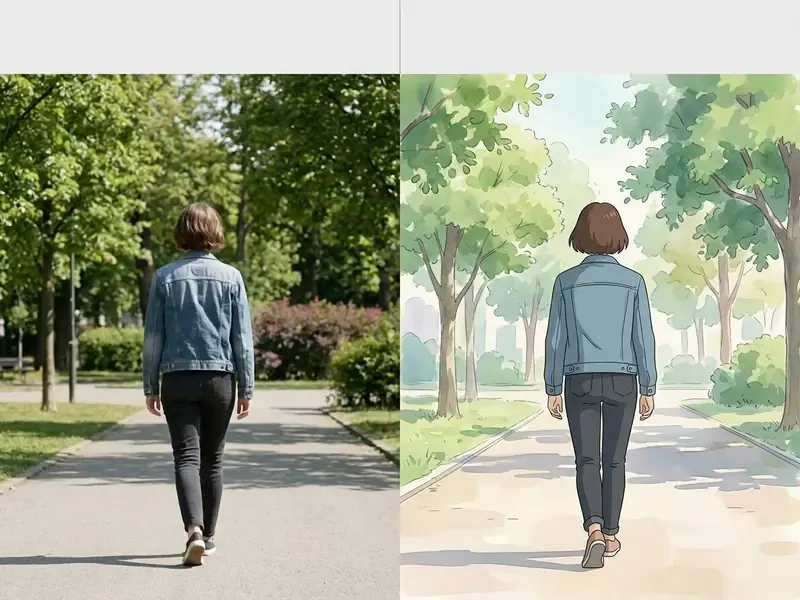 Side by side comparison of a person walking on a path in live action and stylized Ghibli animation