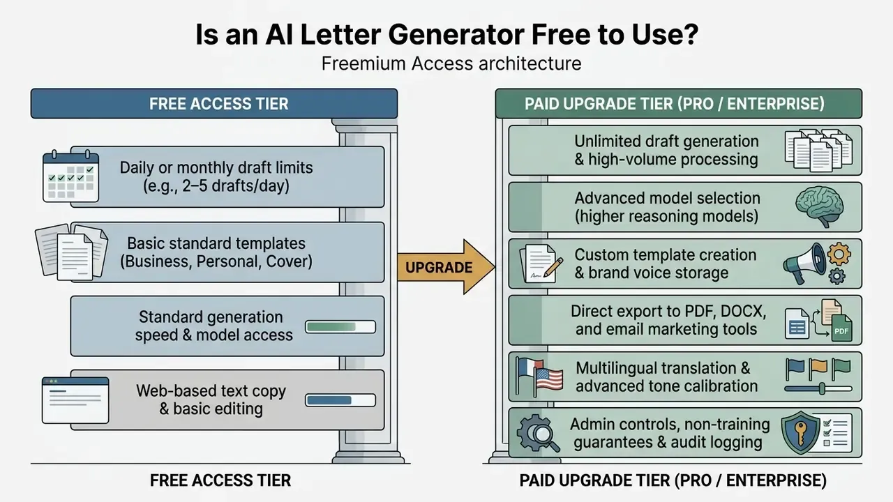Comparison table showing features of free versus paid subscription tiers for automated document software