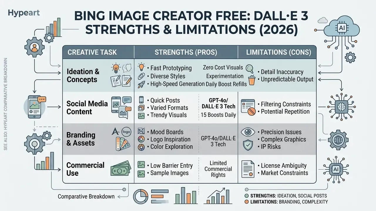 Table comparing strengths and limitations of Bing Image Creator Free across four creative task categories