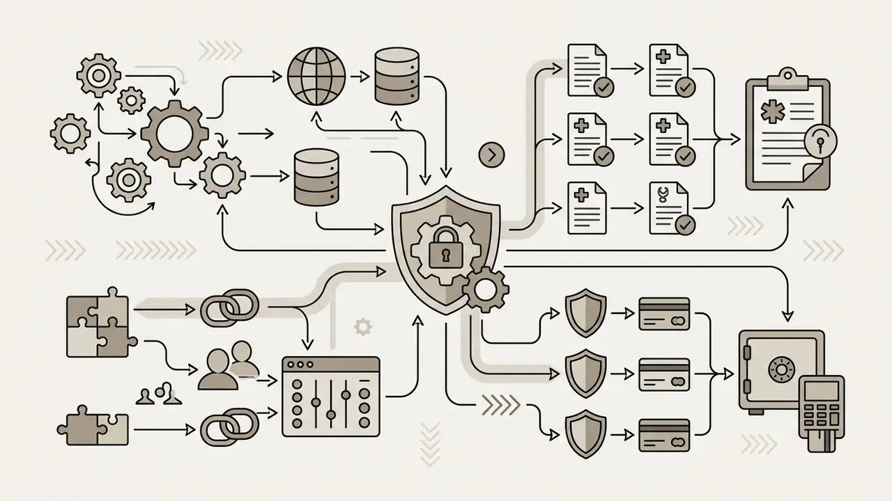 Central shield icon connecting data, user access, and compliance workflows to secure storage and payment systems
