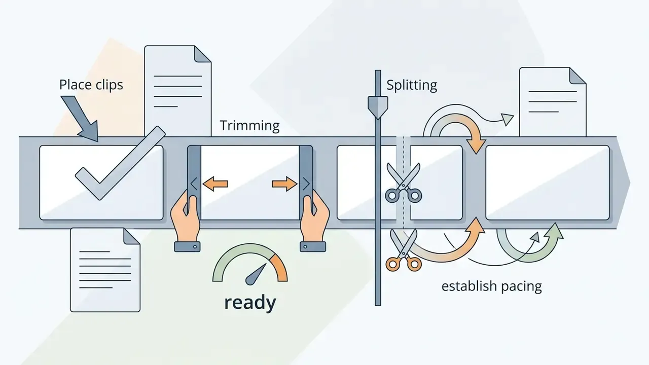 Timeline showing hands trimming clips, scissors splitting segments, and arrows to adjust pacing