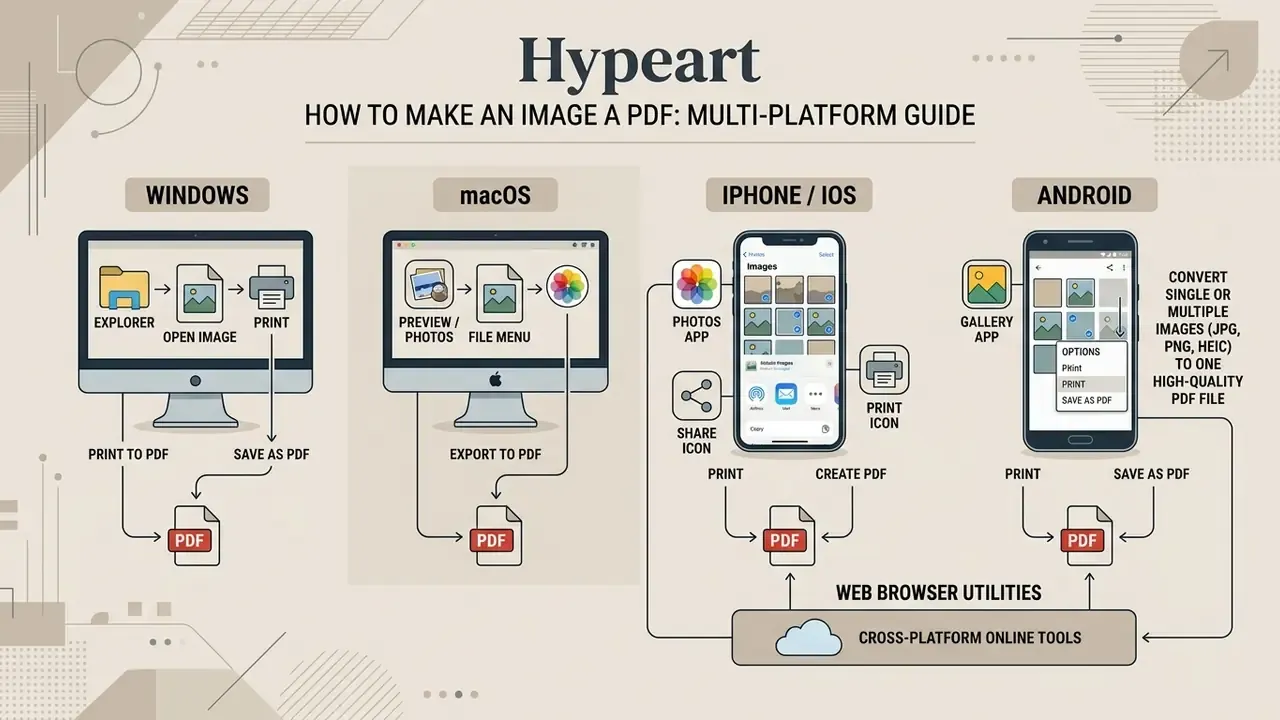Flowchart showing how to make an image a PDF on Windows, macOS, iPhone, and Android devices