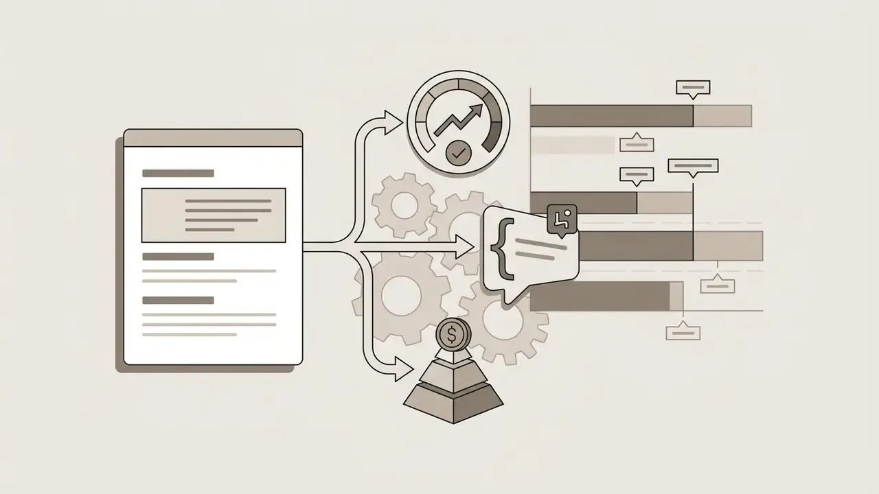 Report page feeding into gears, a growth gauge, and a money pyramid next to bar charts with speech bubbles
