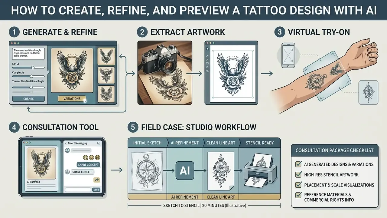 Step-by-step visual guide showing the digital workflow from generating tattoo concepts to printing stencils