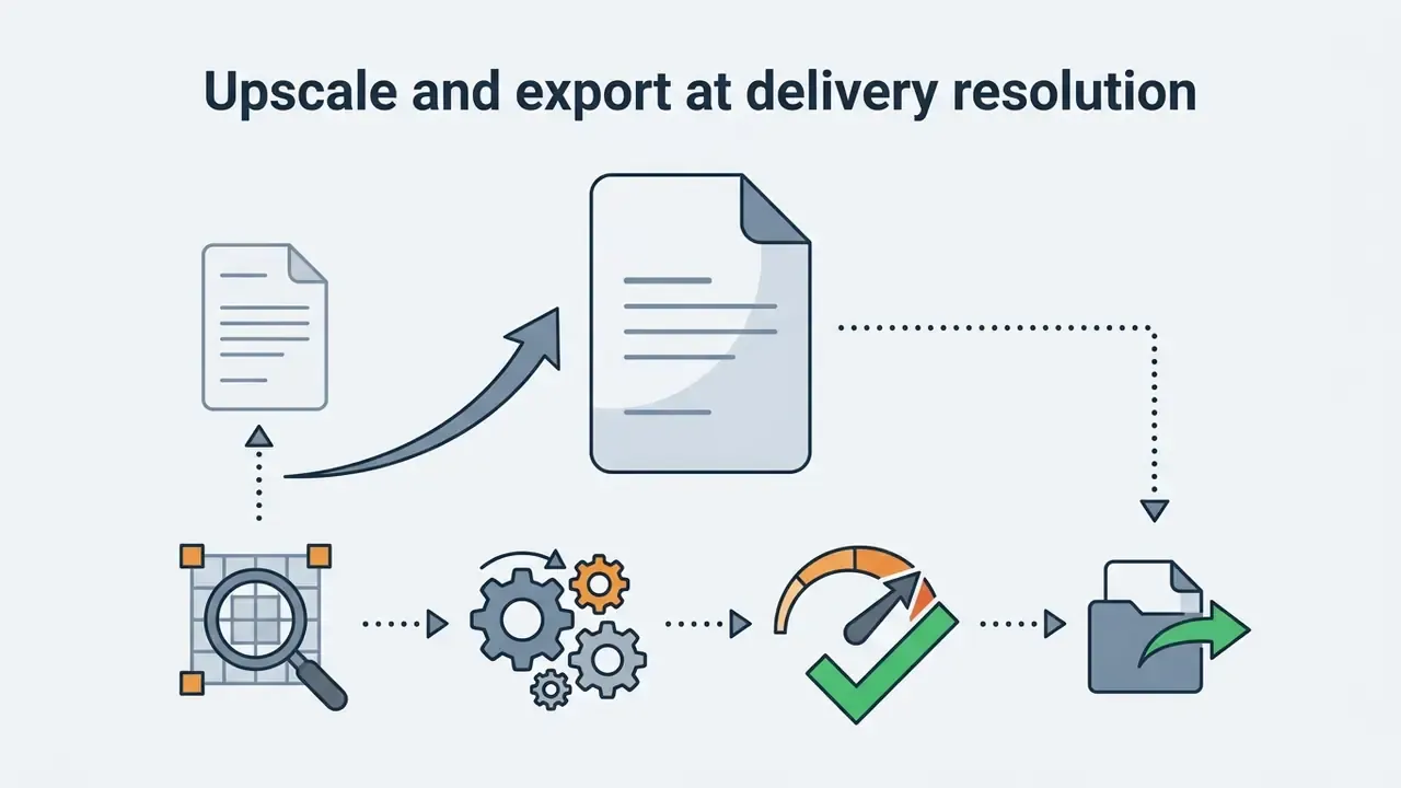 Icons showing document upscaling, gear processing, quality verification, and file export steps