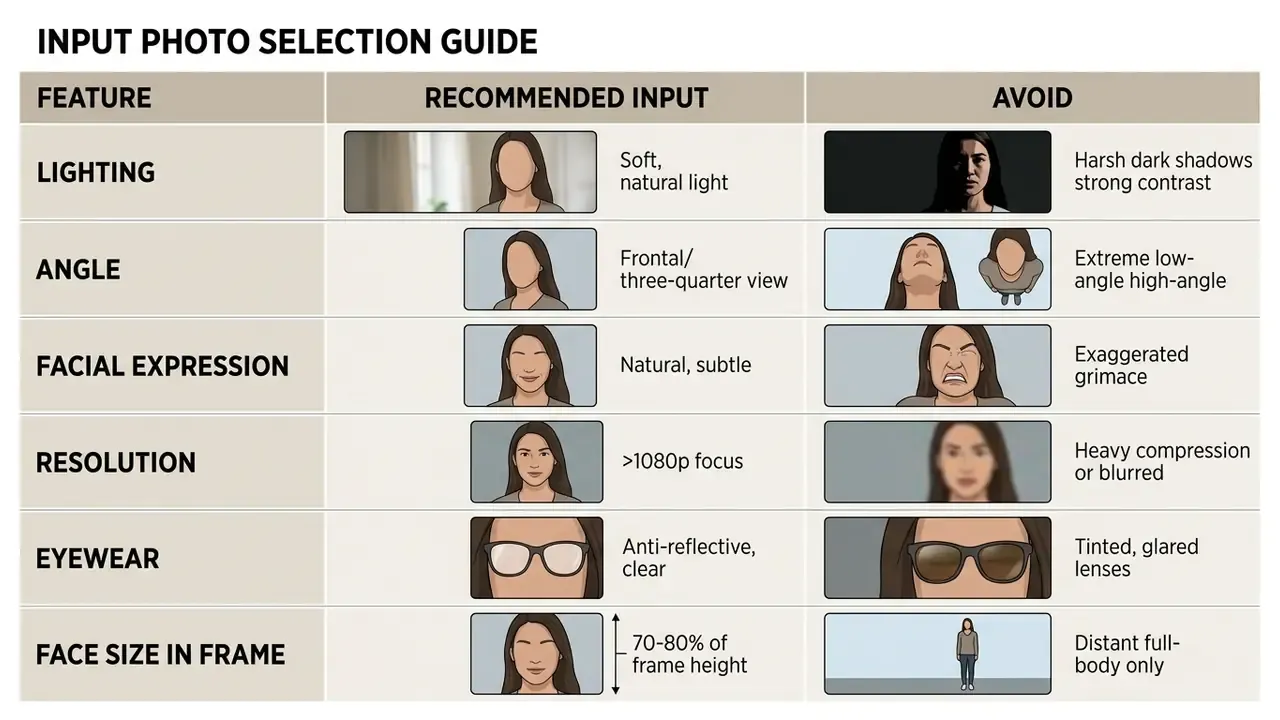 Reference chart displaying recommended versus poor quality photo inputs for facial processing