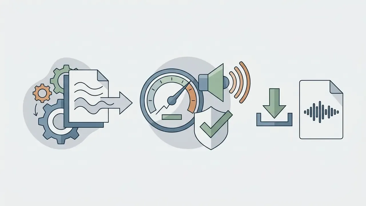 Icons showing a file being processed, measured for quality, and downloaded as a final audio track