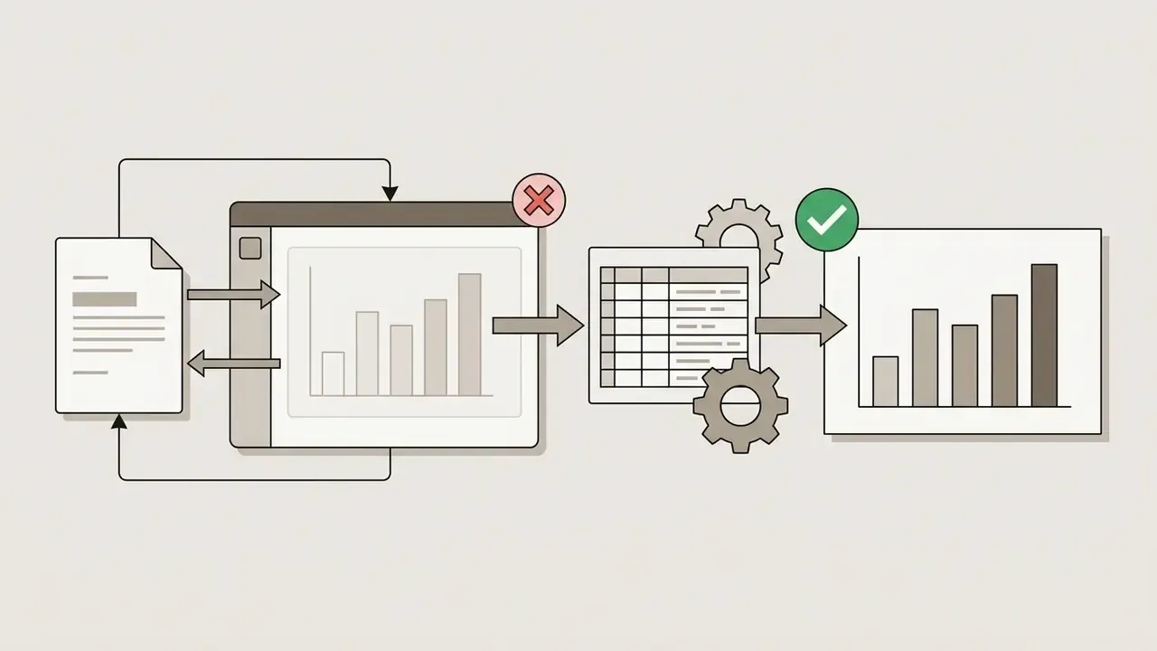 Automated chart shell marked with an X flowing into a spreadsheet and refined into a verified bar graph